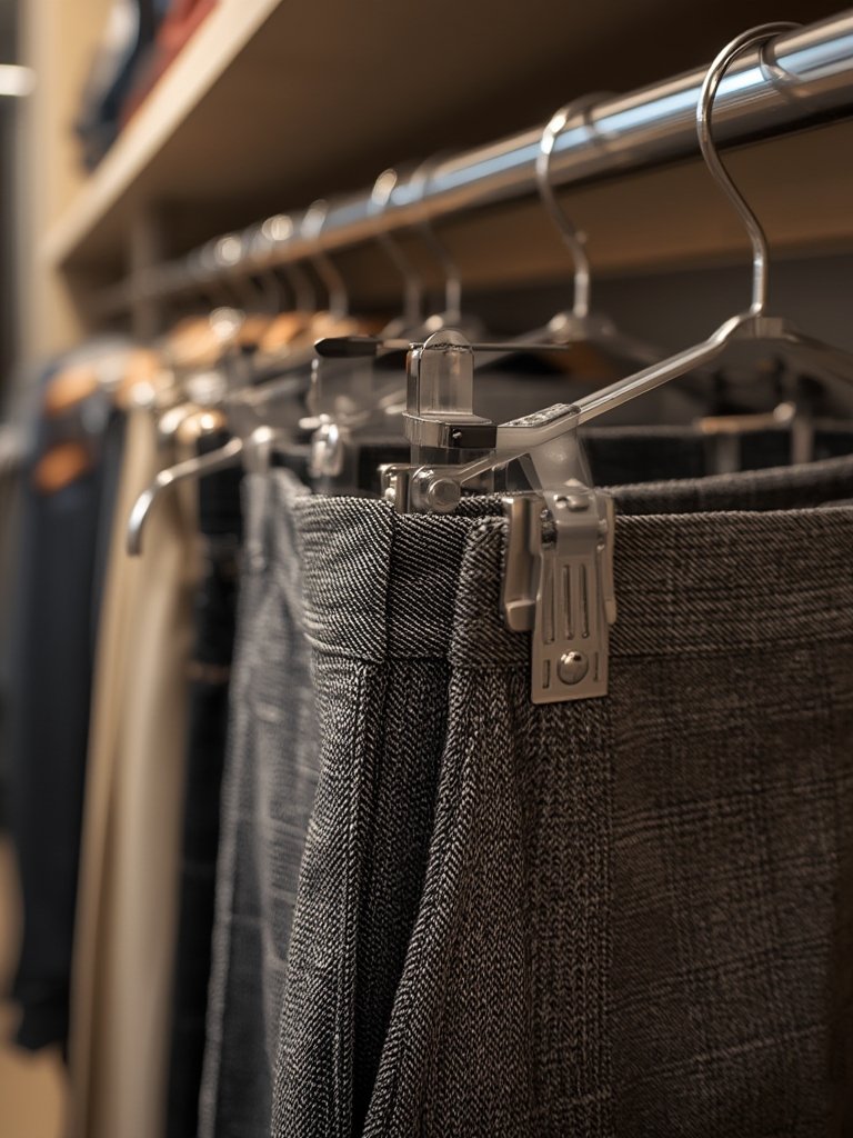 Pants hangers in action